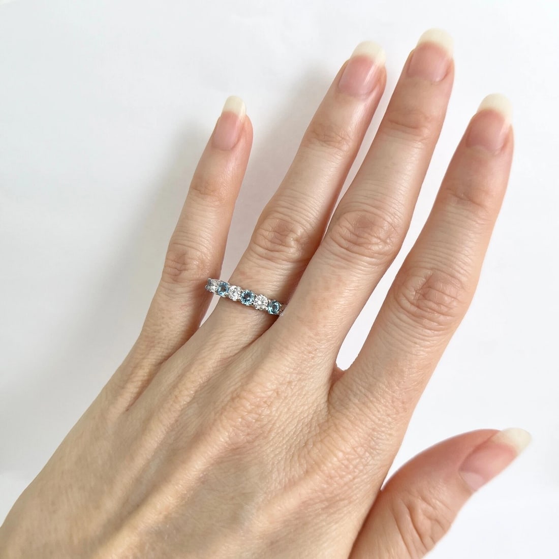 Blue Topaz Diamond Gemstone Wedding Band Ring 14K White Gold 1.42 CTW - 4