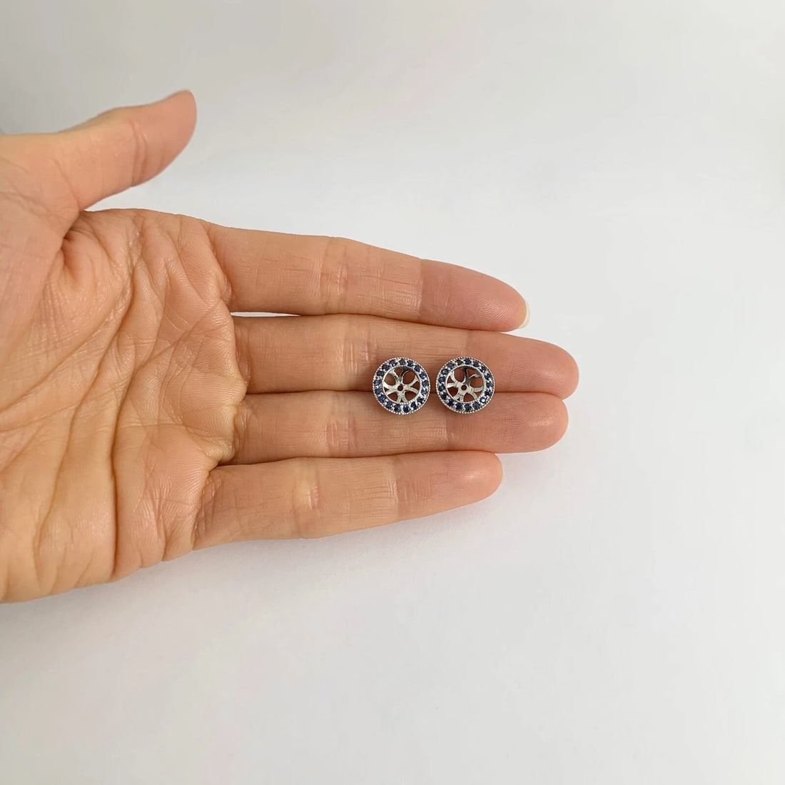 Round Sapphire Halo Earring Jackets Enhancers 14K White Gold for 1.50 CTW Stud - 2