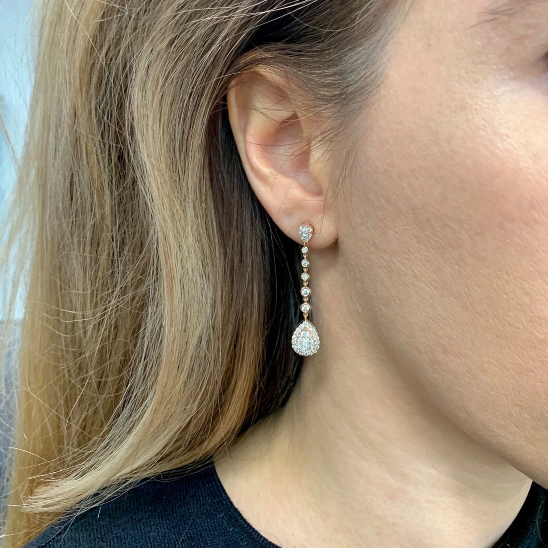 Teardrop Diamond Halo Cluster Hanging Dangle Drop Earrings 14K Pink Rose Gold - 4