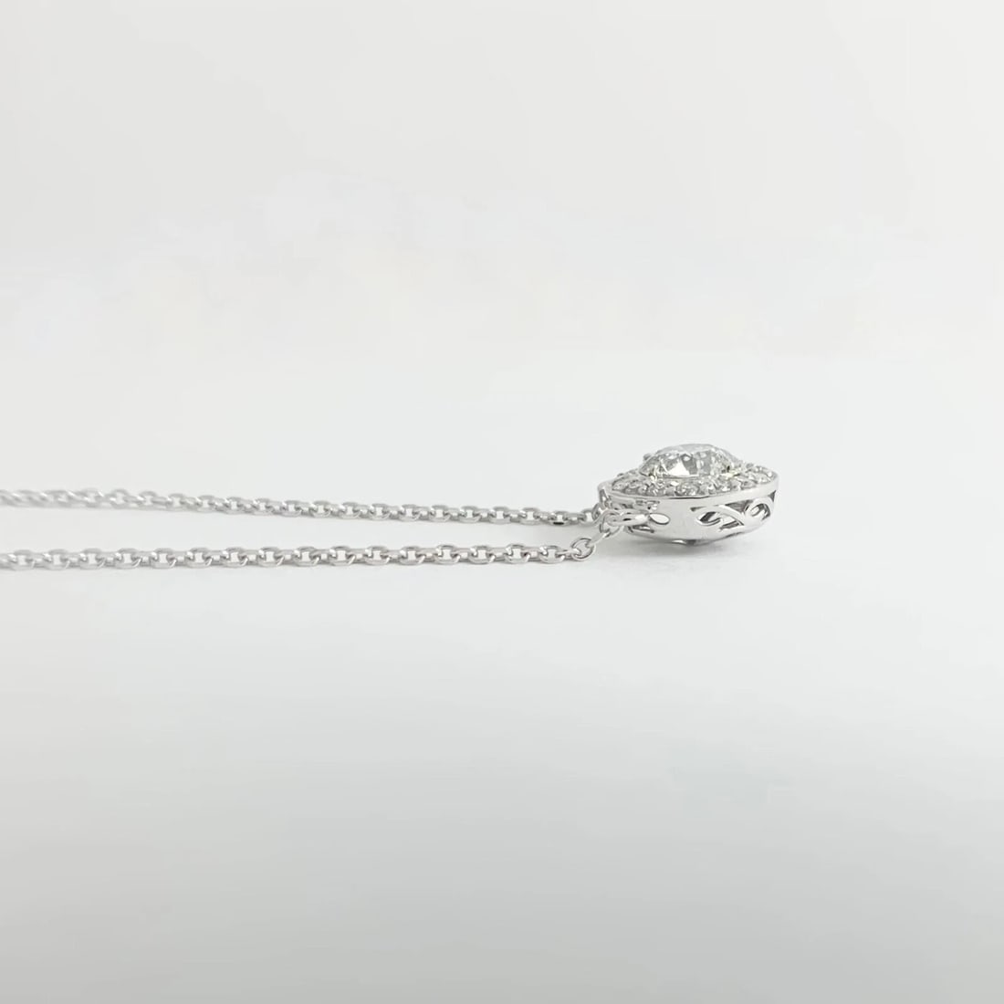 Round Diamond Milgrain Halo Pendant Necklace 14K White Gold, .79 CTW, 16 Inches - 7
