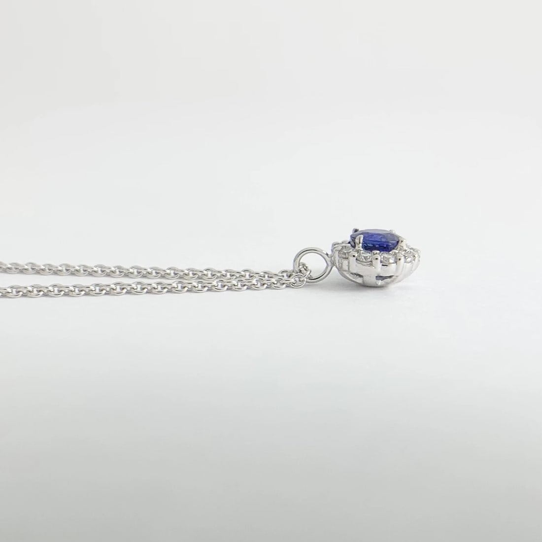 Round Blue Sapphire Diamond Halo Pendant Necklace 14K White Gold .86 CTW - 7