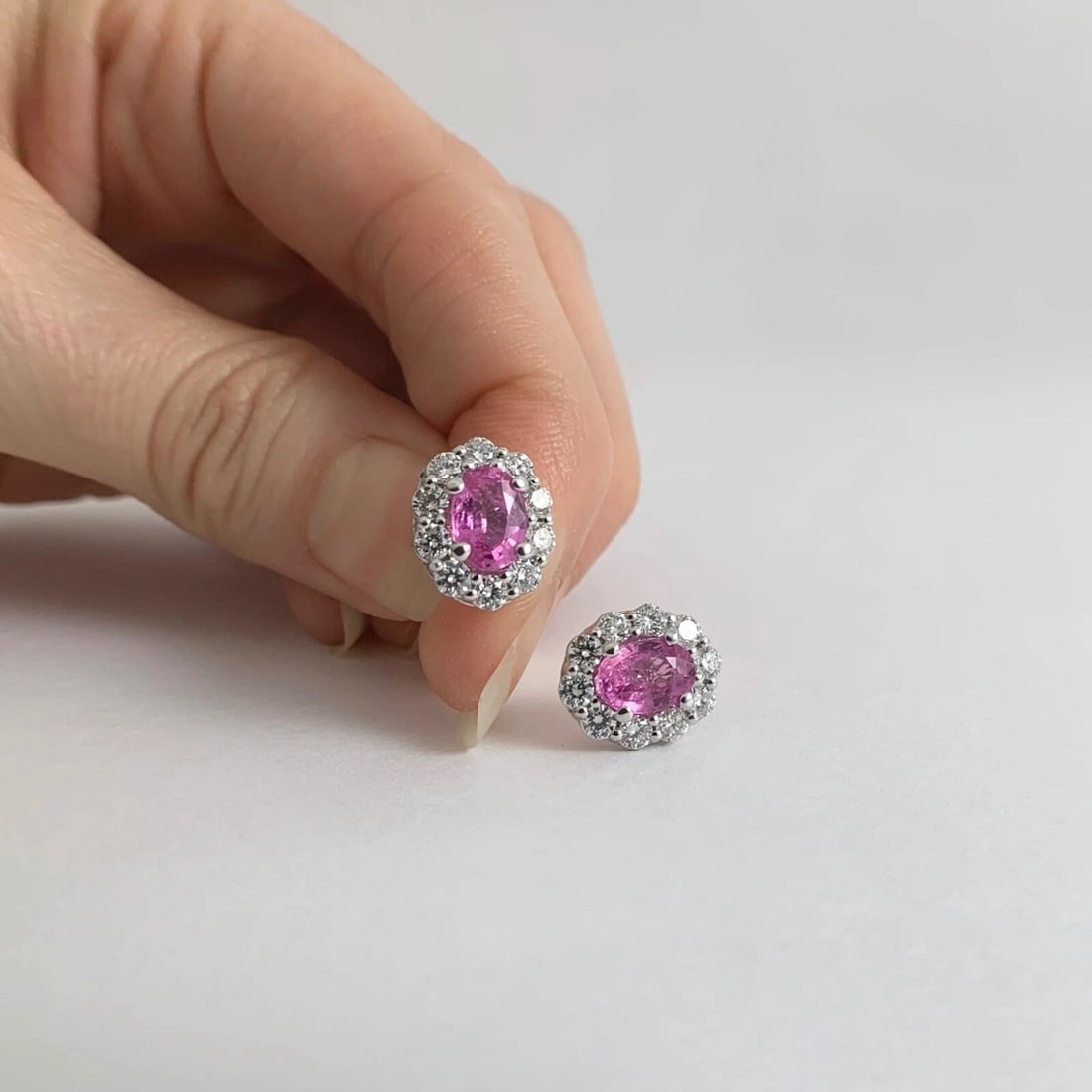 Oval Pink Sapphire Diamond Halo Stud Earrings 14K White Gold, 2.80 CTW, 2.88 Gr - 3