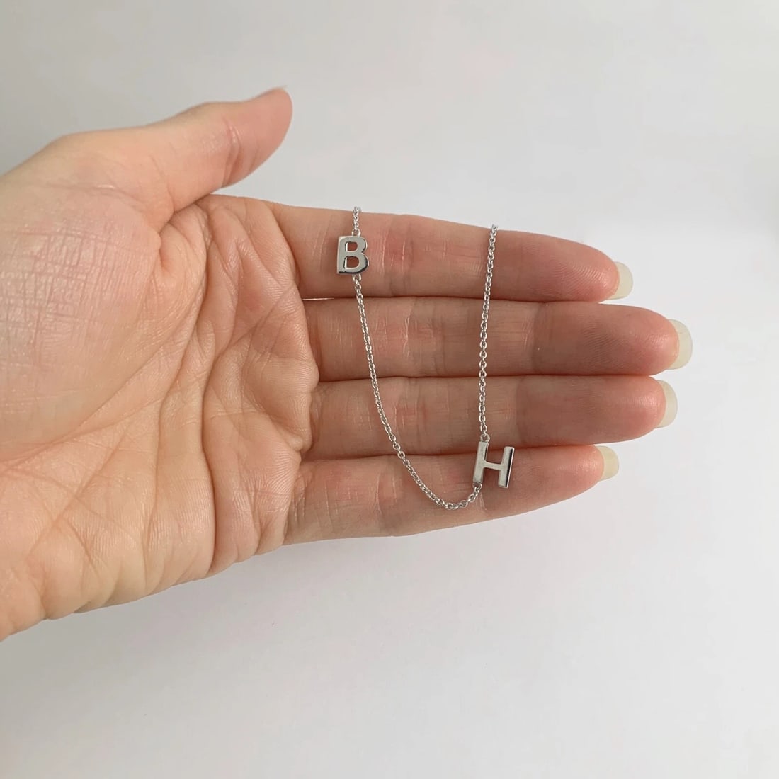Letter B H Initial Charm Station Necklace 14K White Gold, 16 Inches, 3.80 Grams - 3