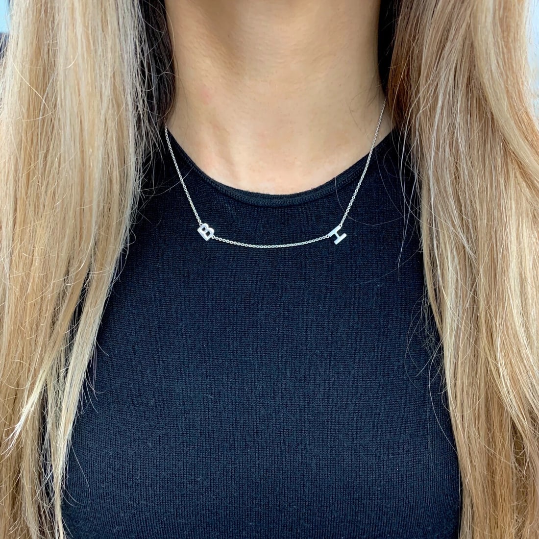 Letter B H Initial Charm Station Necklace 14K White Gold, 16 Inches, 3.80 Grams - 5