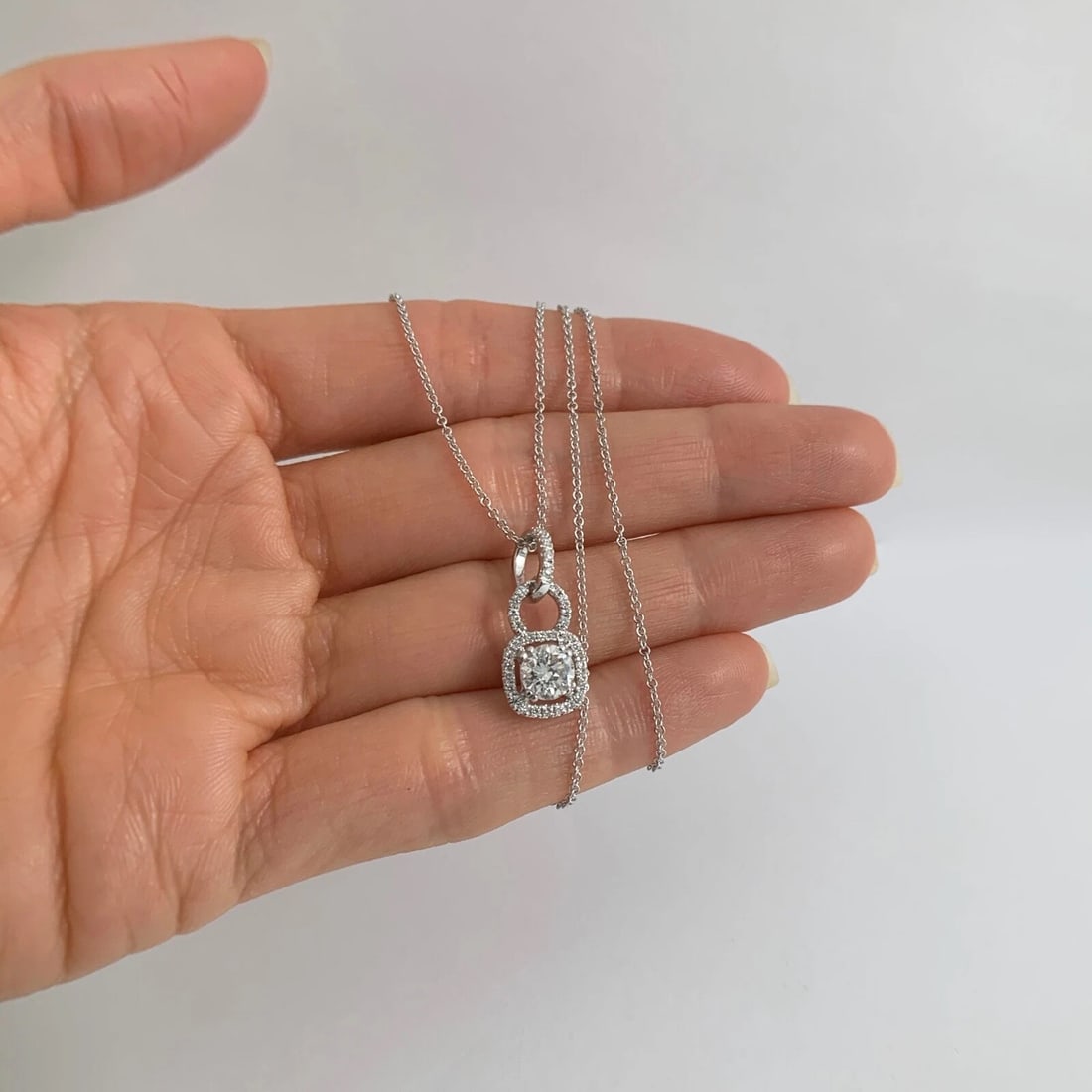 Round Cushion Halo Diamond Pendant Necklace 14K White Gold, .94 CTW, 2.73 Grams - 2