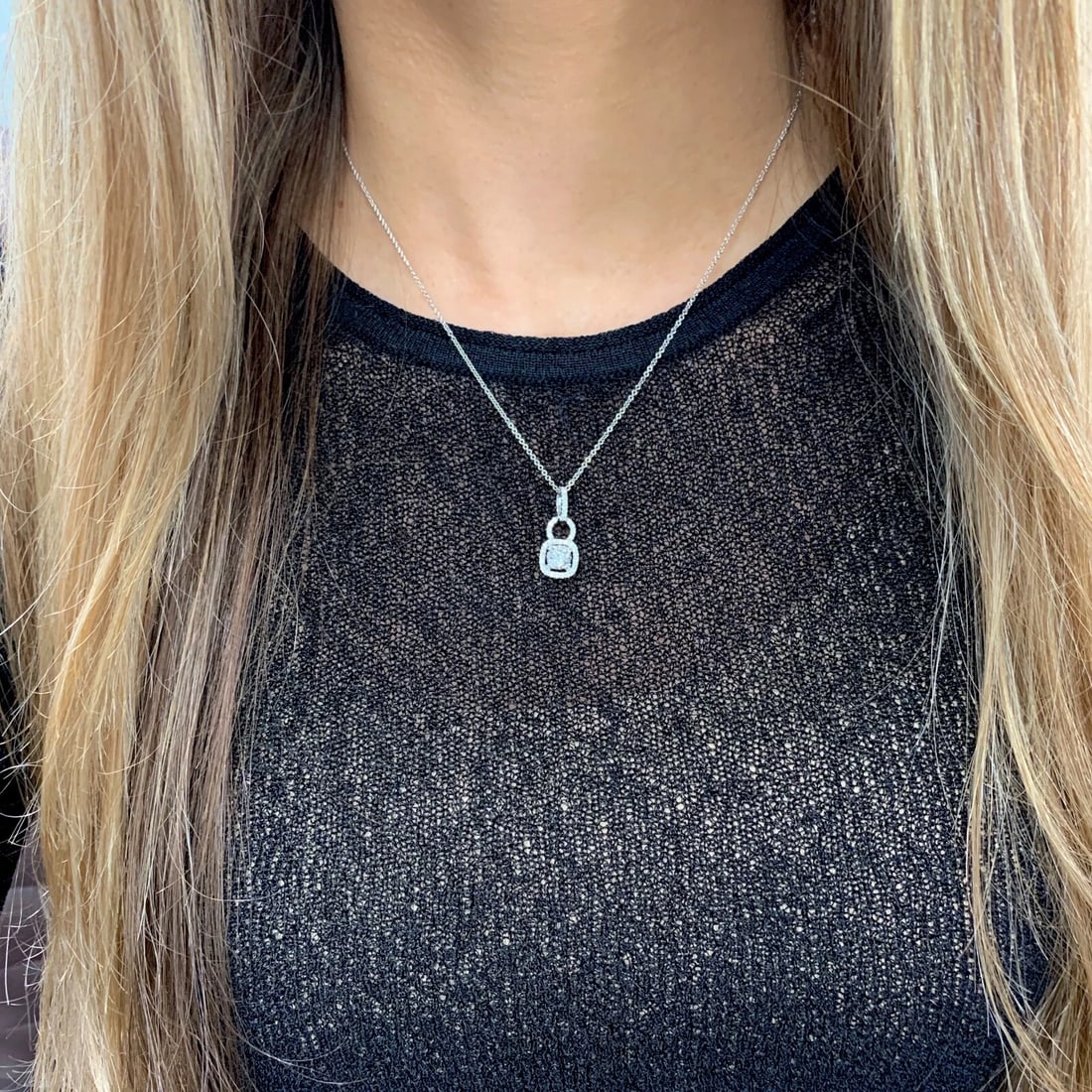 Round Cushion Halo Diamond Pendant Necklace 14K White Gold, .94 CTW, 2.73 Grams - 5