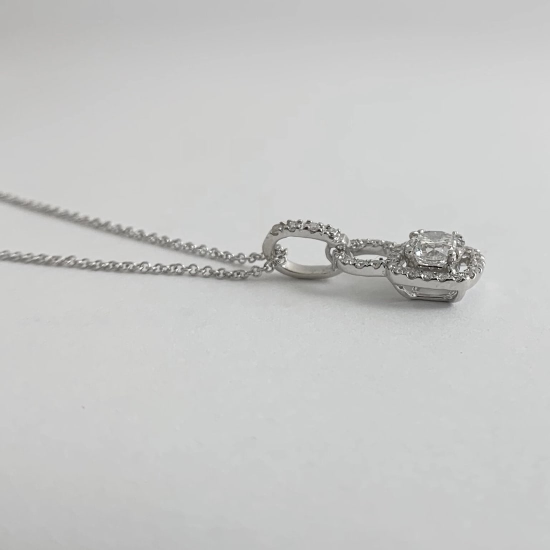 Round Cushion Halo Diamond Pendant Necklace 14K White Gold, .94 CTW, 2.73 Grams - 6