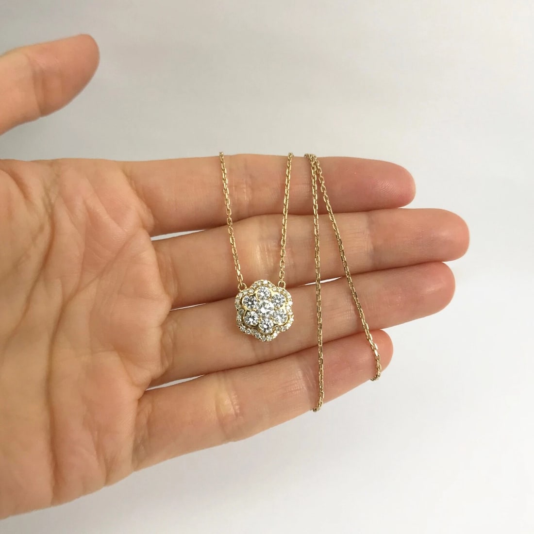 Round Diamond Flower Cluster Halo Pendant Necklace 14K Yellow Gold, .93 CTW - 2