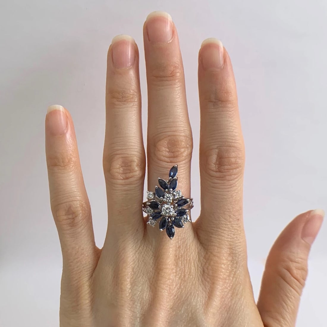 Blue Sapphire Diamond Cluster Cocktail Ring 12K White Gold, 2.02 CTW, 6.24 Grams - 2