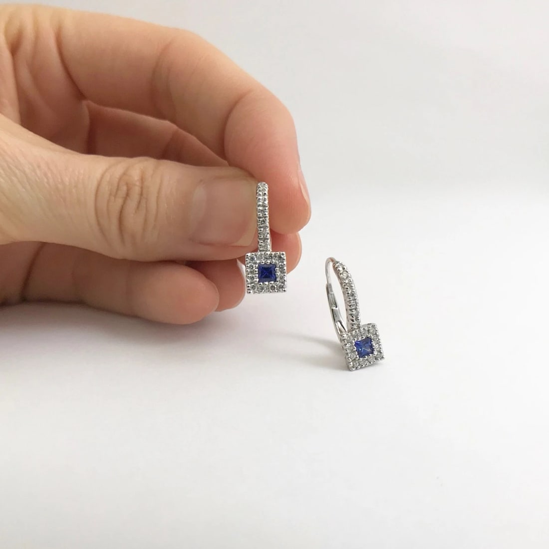 Blue Sapphire Diamond Halo Drop Earrings in 18K White Gold, .75 CTW, 3.36 Grams - 2