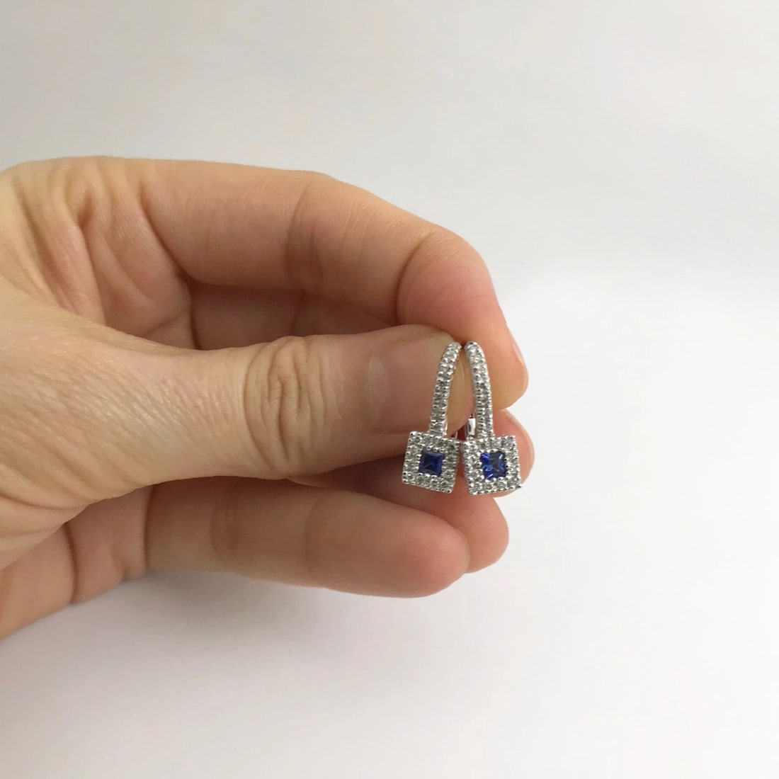 Blue Sapphire Diamond Halo Drop Earrings in 18K White Gold, .75 CTW, 3.36 Grams - 3