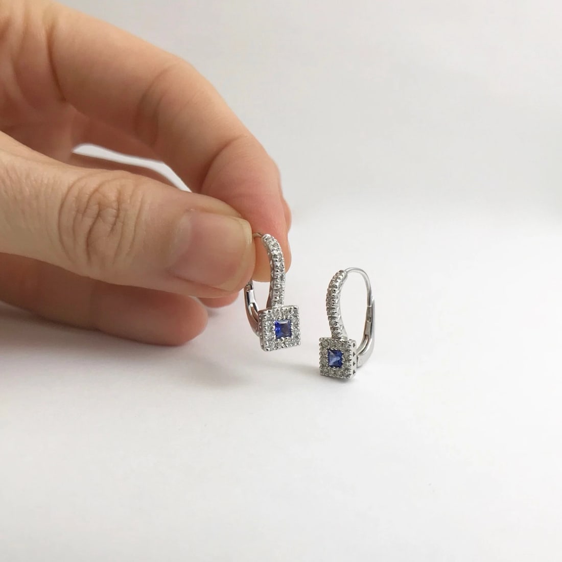 Blue Sapphire Diamond Halo Drop Earrings in 18K White Gold, .75 CTW, 3.36 Grams - 4
