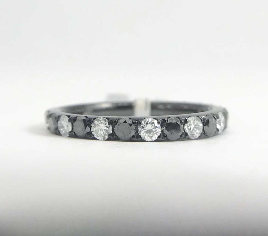 Black White Diamond Eternity Band Ring 18K Black Gold .90 CTW, Size 4.5, 1.75 Gr - 7