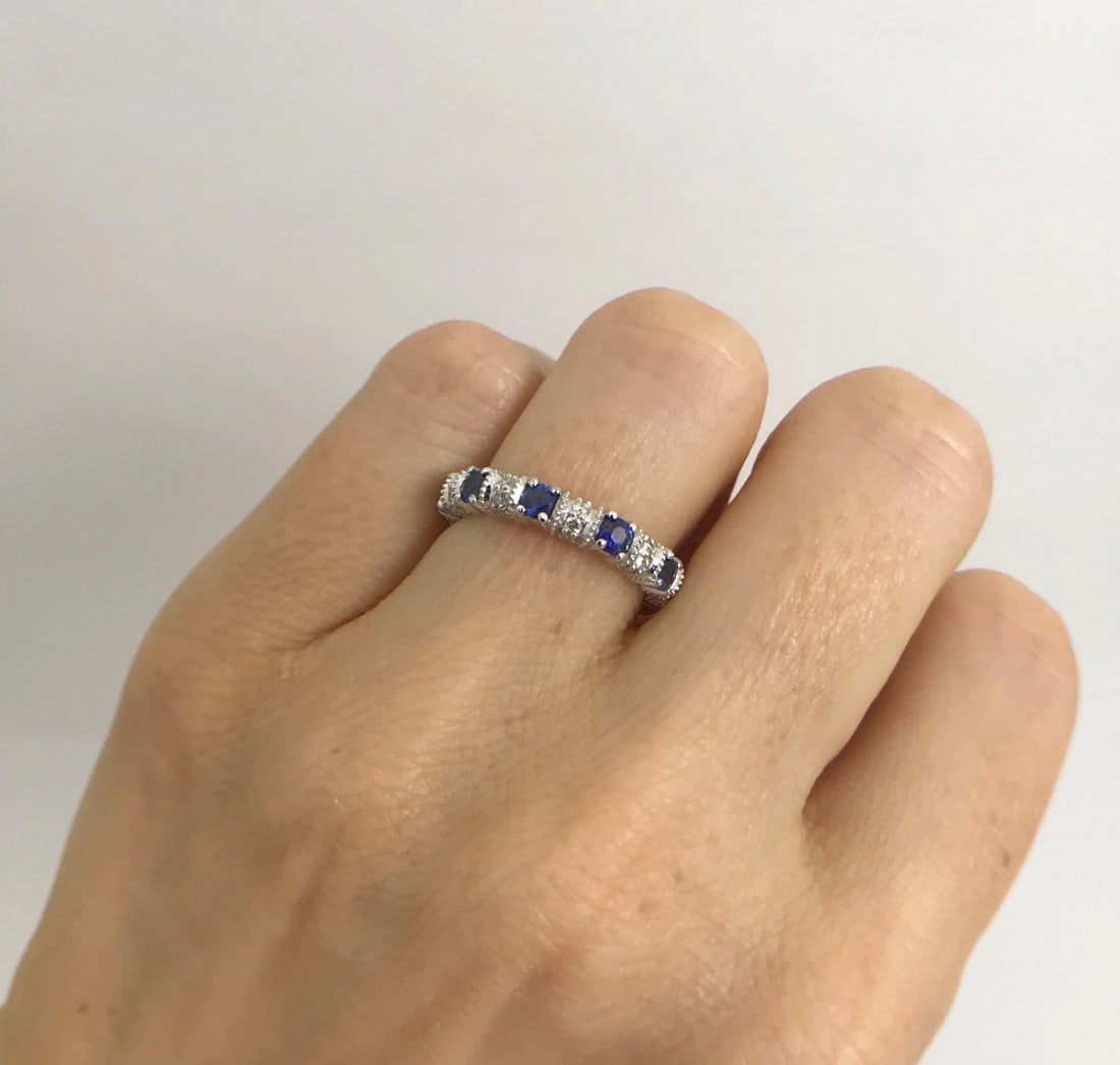 Blue Sapphire and Diamond Eternity Band Ring 14K White Gold, 1.30 CTW, Size 4.75 - 3