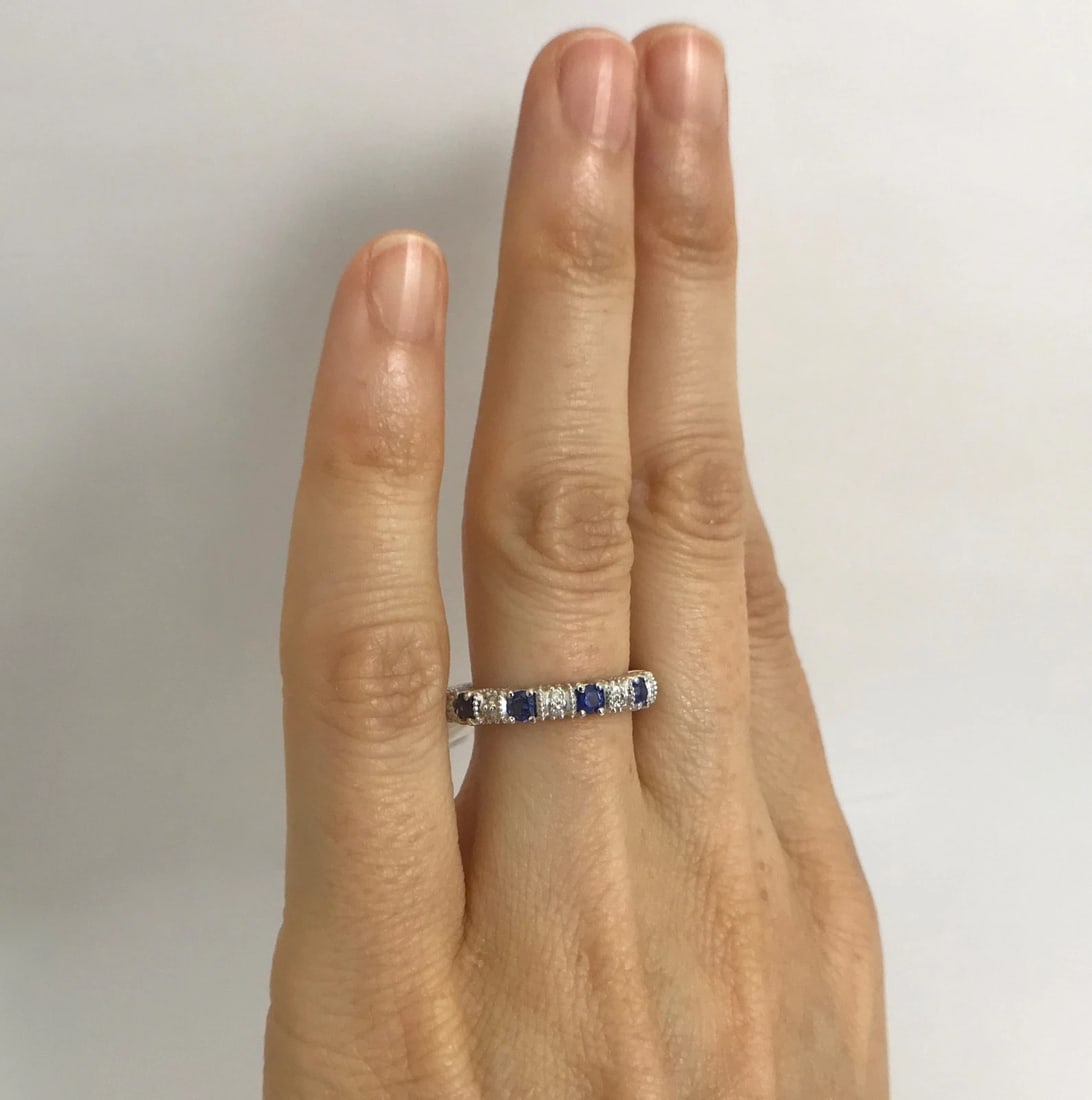 Blue Sapphire and Diamond Eternity Band Ring 14K White Gold, 1.30 CTW, Size 4.75 - 4