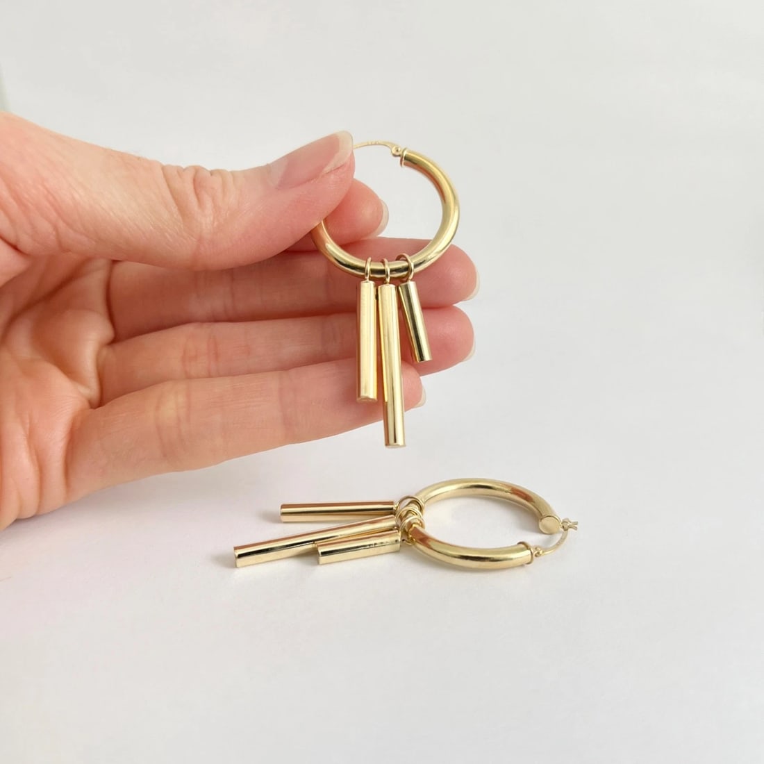 Fringe Dangle Drop Hoop Earrings 14K Yellow Gold, 2 Inches, 3.05 Grams - 4