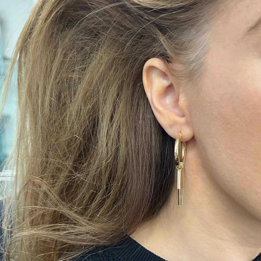Fringe Dangle Drop Hoop Earrings 14K Yellow Gold, 2 Inches, 3.05 Grams - 7