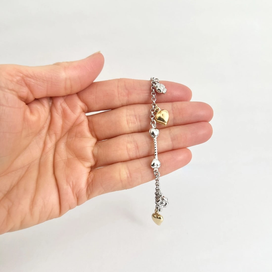 Italian Two-Tone Heart Flower Charm Bracelet 14K White and Yellow Gold, 8.23 Gr - 2