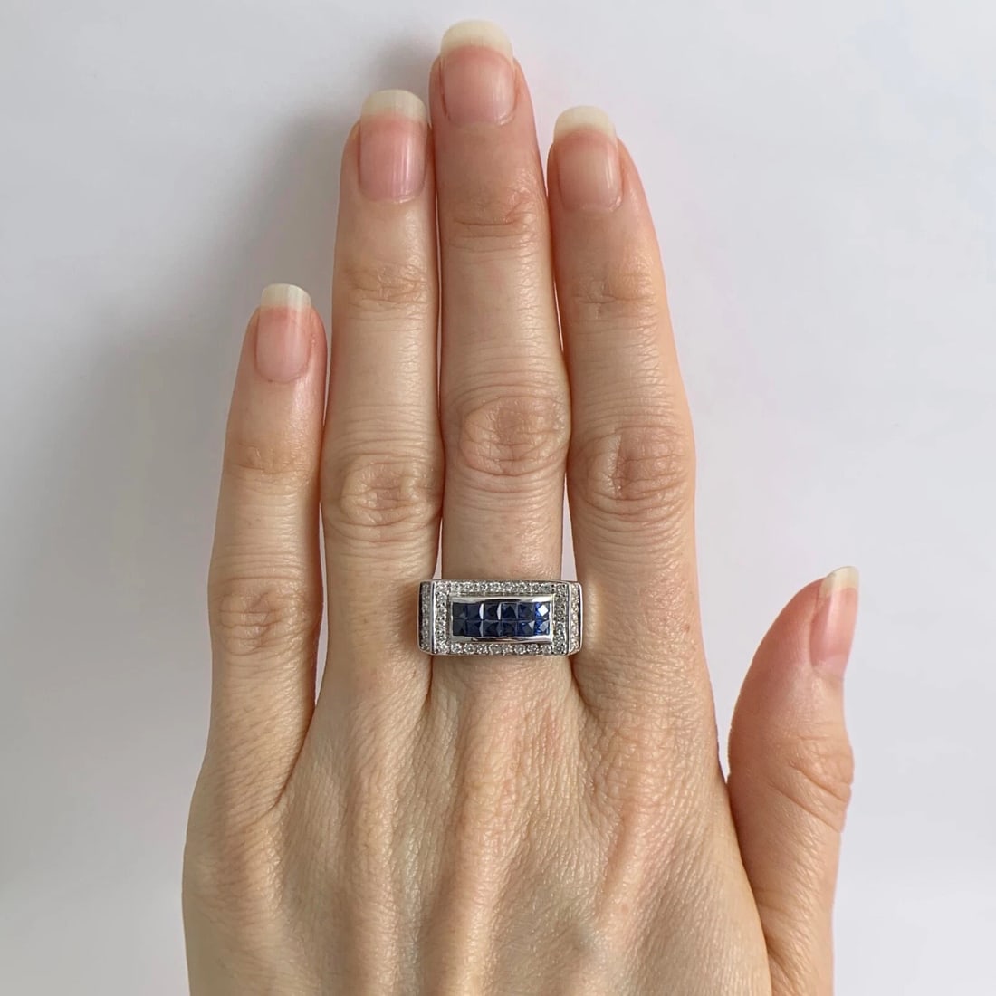 Princess Blue Sapphire Diamond Flat Top Statement Ring 14K White Gold, 5.61 Gram - 2