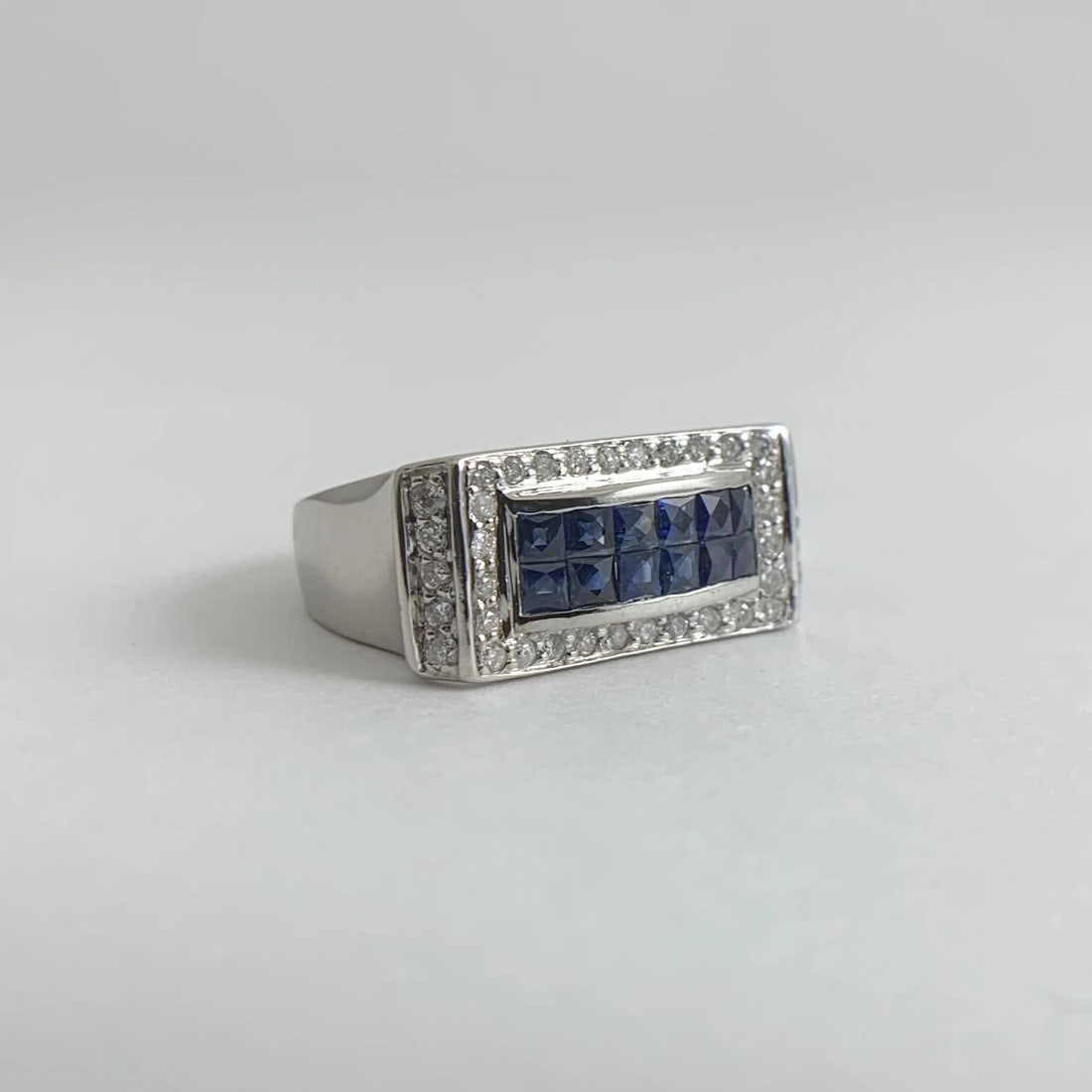 Princess Blue Sapphire Diamond Flat Top Statement Ring 14K White Gold, 5.61 Gram - 7