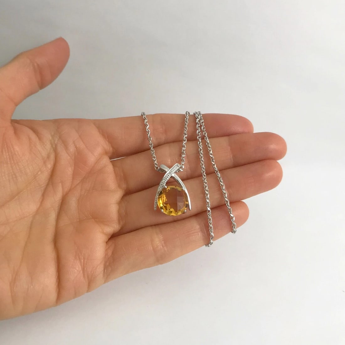 Italian Round Orange Citrine Diamond Pendant Necklace 14K White Gold, 6.39 Grams - 2