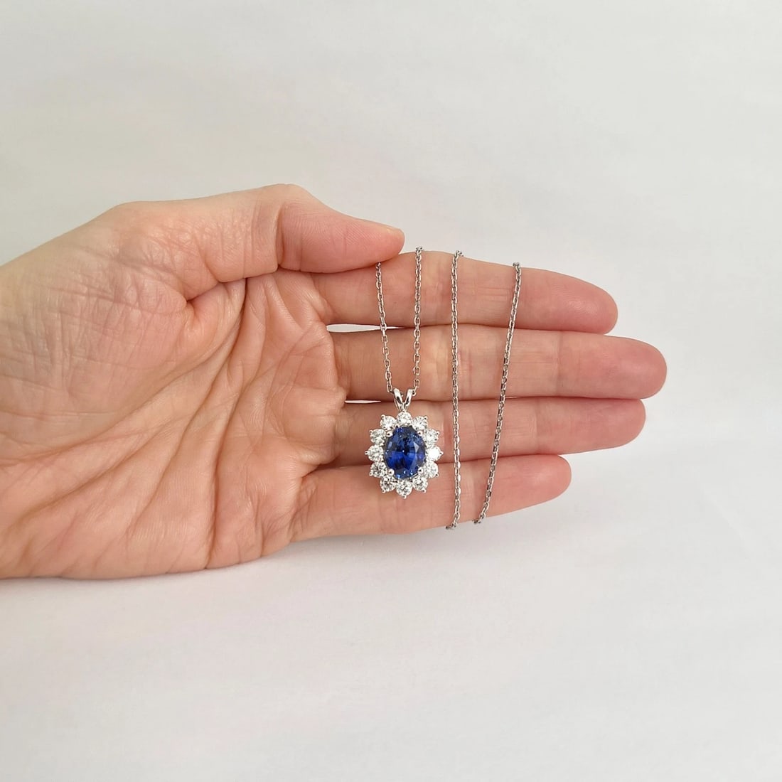Oval Blue Sapphire Diamond Halo Pendant Necklace 14K White Gold, 5.68 CTW - 2