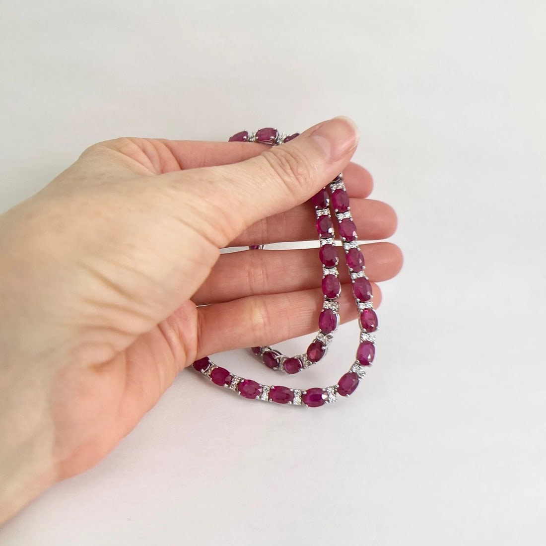Oval Ruby Diamond Gemstone Tennis Necklace 14K White Gold, 43.26 CTW - 2