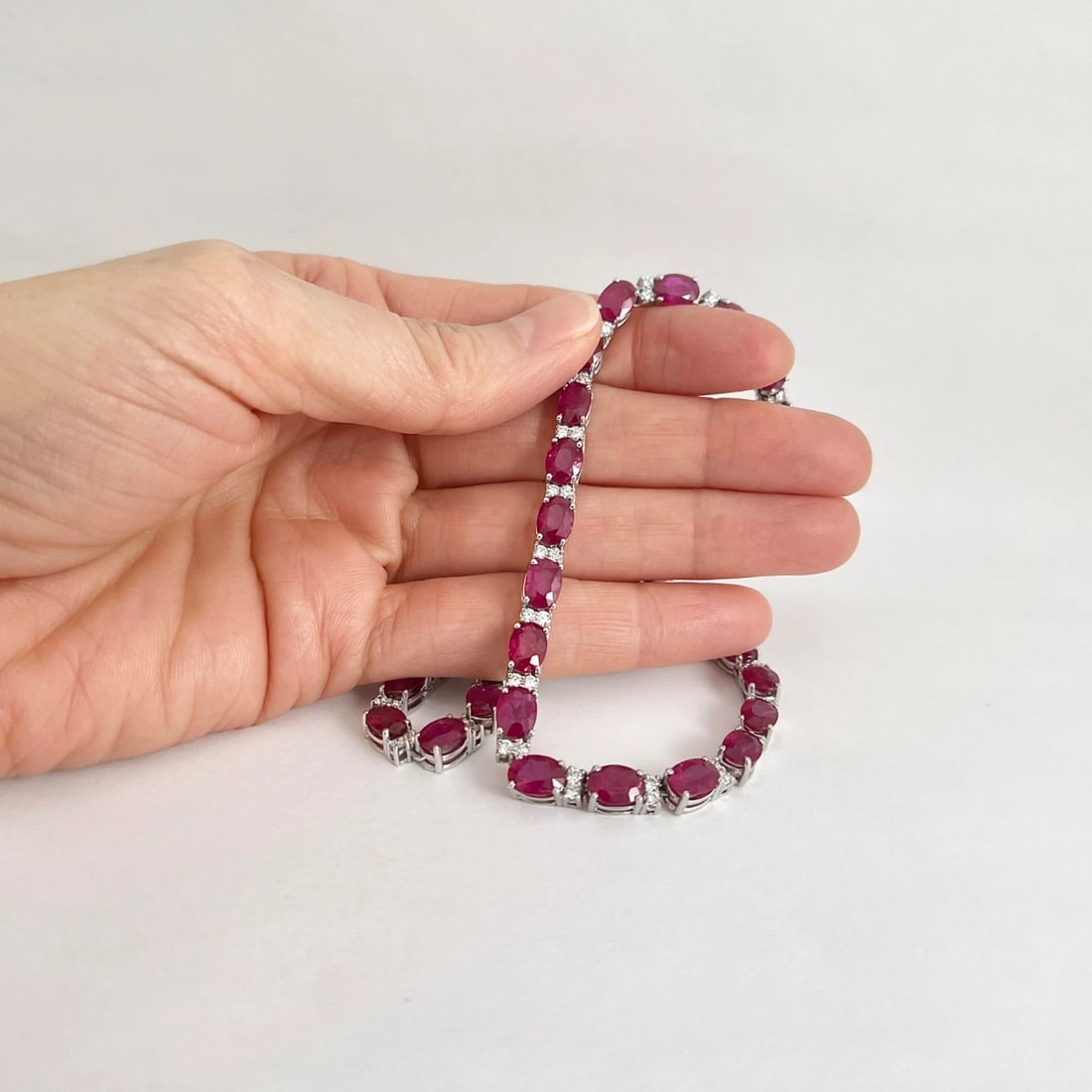 Oval Ruby Diamond Gemstone Tennis Necklace 14K White Gold, 43.26 CTW - 3