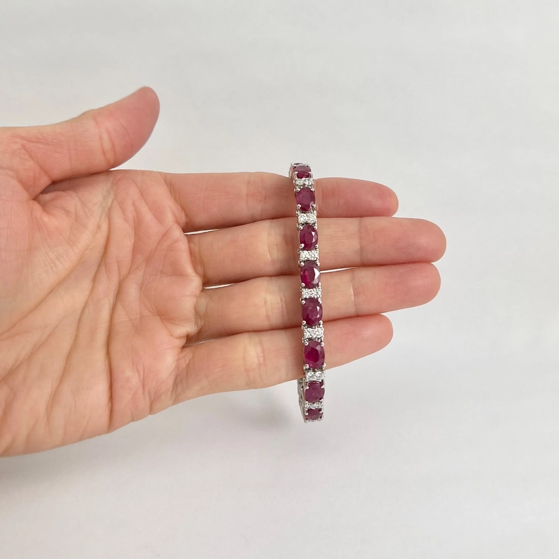 Oval Ruby Diamond Gemstone Tennis Bracelet 14K White Gold, 18.37 CTW - 2