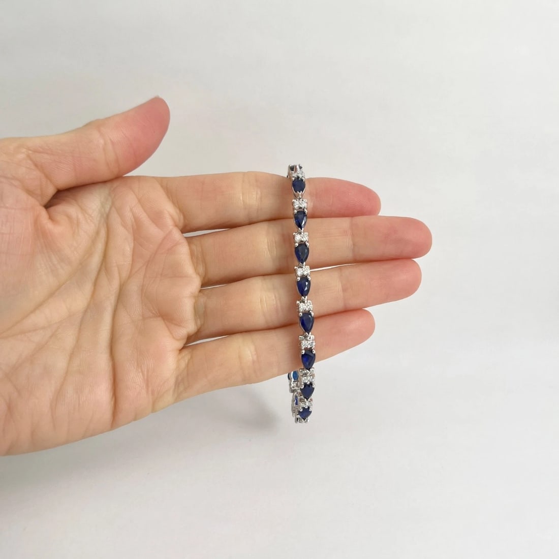 Pear Blue Sapphire Diamond Gemstone Tennis Bracelet 14K White Gold, 9.39 CTW - 2