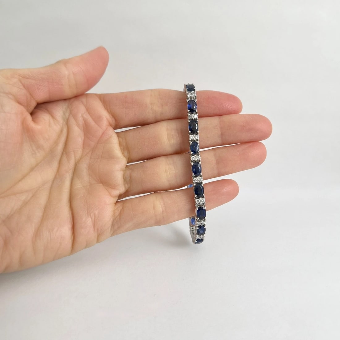 Oval Blue Sapphire Diamond Gemstone Tennis Bracelet 14K White Gold, 12.14 CTW - 2