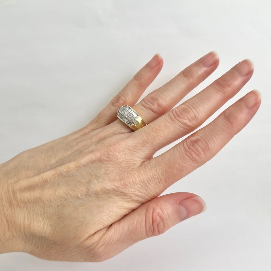 Wide Multishape Mixed Diamond Dome Statement Ring 14K Yellow Gold, Size 7.75 - 3