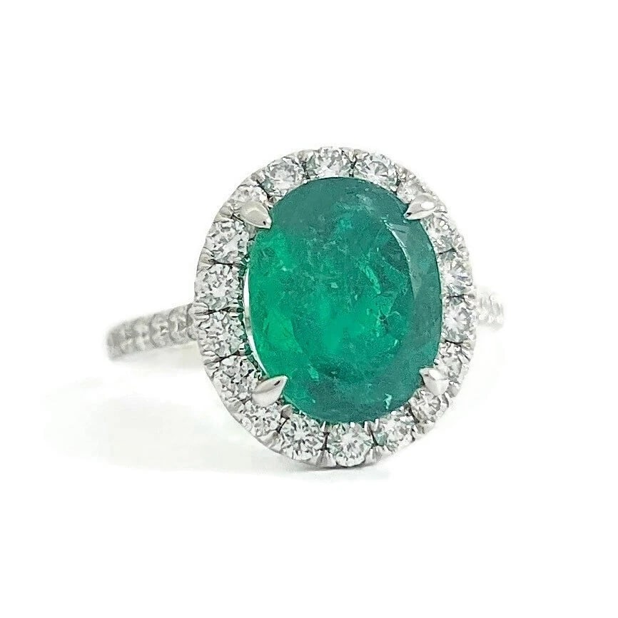 Oval Green Emerald Diamond Halo Ring 18K White Gold 4.07 CTW (1 of 7)
