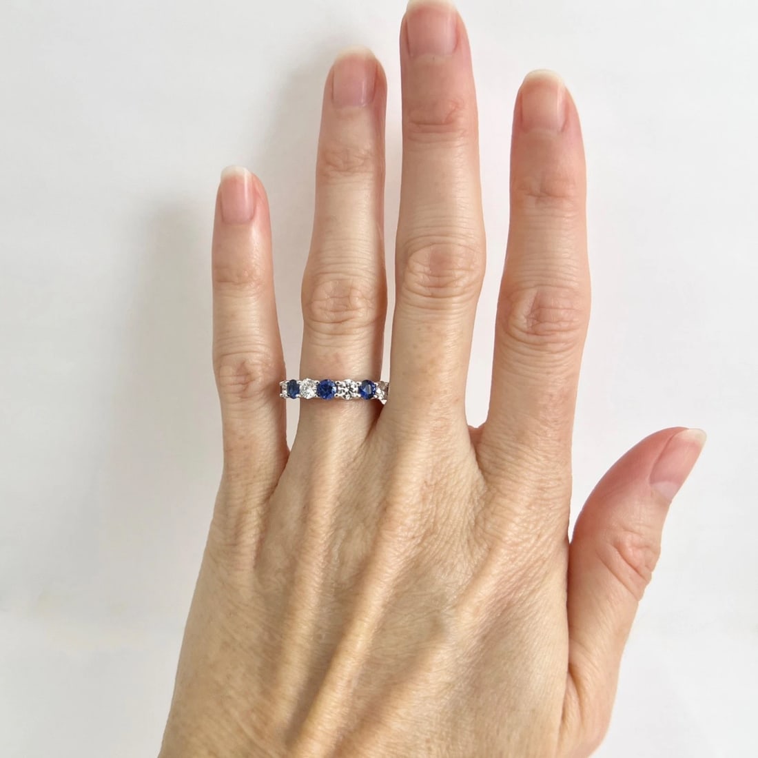 Round Blue Sapphire Diamond Eternity Band Ring 14K White Gold, 3.29 CTW, Size 5 - 2