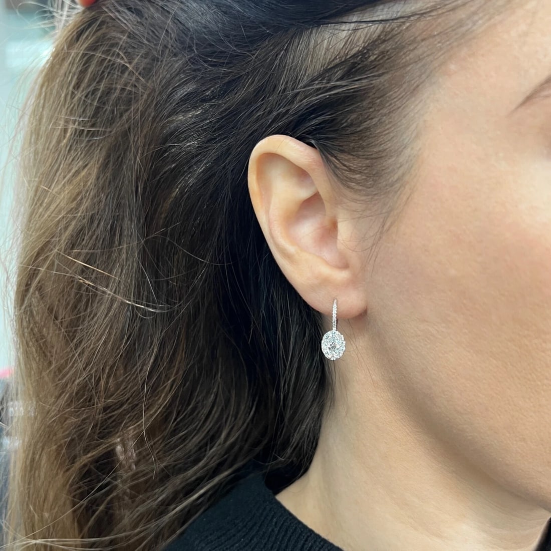 Oval Pave Diamond Cluster Halo Drop Earrings 14K White Gold, 1.37 CTW - 2