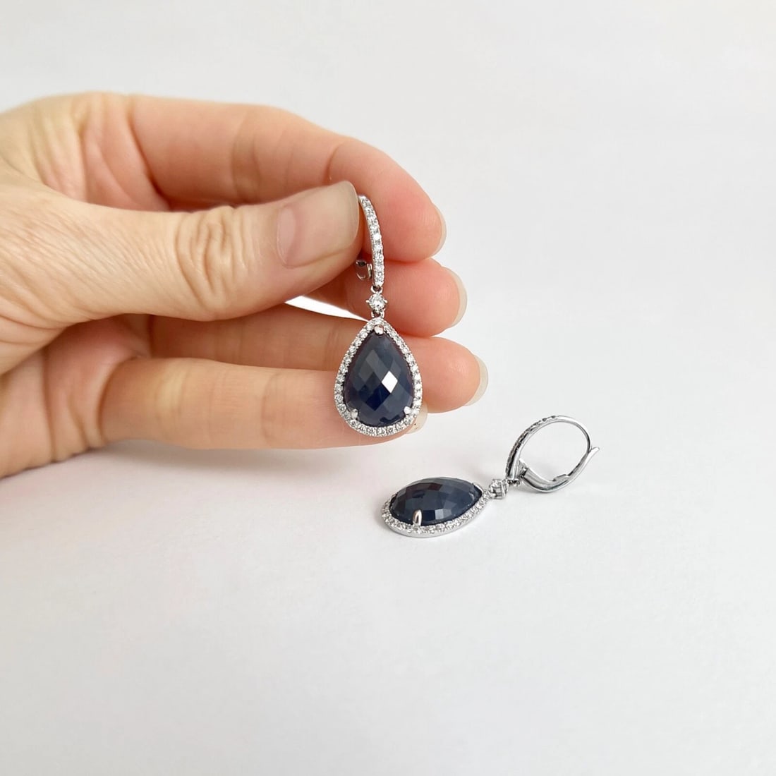 Blue Sapphire Diamond Halo Teardrop Dangle Drop Earrings 18K White Gold 13.55 TW - 2
