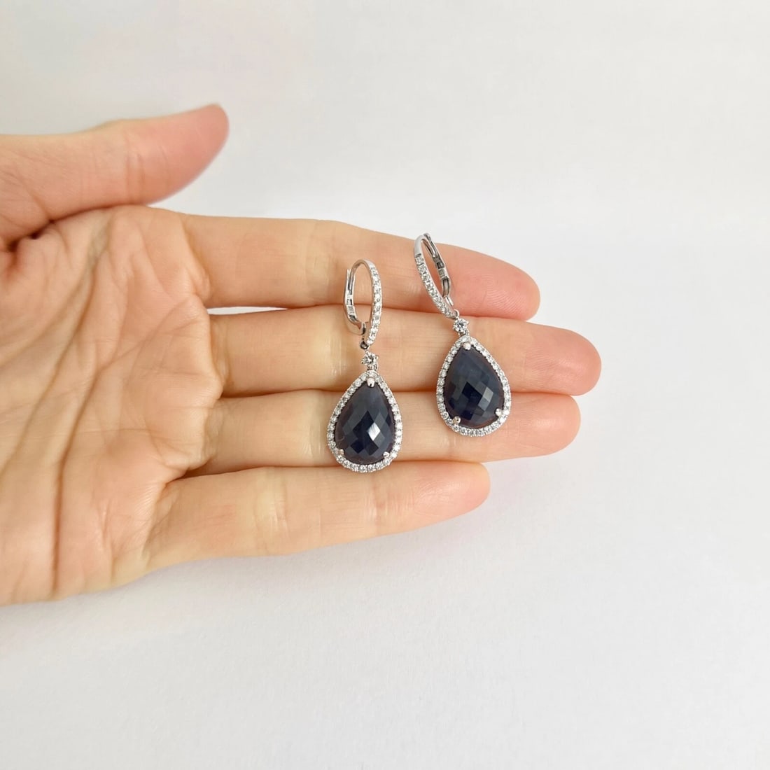 Blue Sapphire Diamond Halo Teardrop Dangle Drop Earrings 18K White Gold 13.55 TW - 3