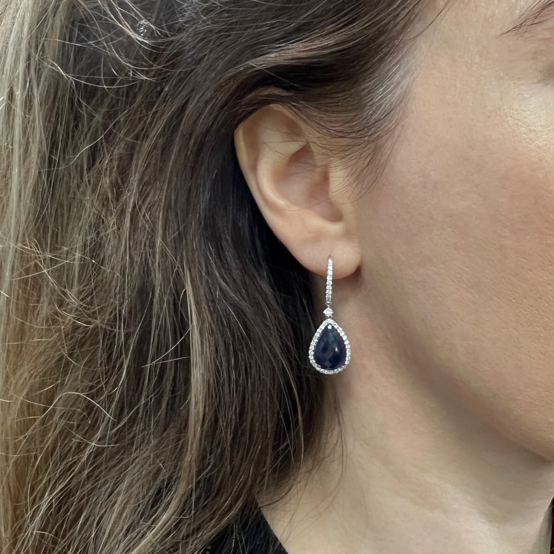 Blue Sapphire Diamond Halo Teardrop Dangle Drop Earrings 18K White Gold 13.55 TW - 4