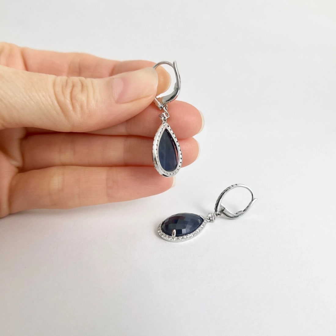 Blue Sapphire Diamond Halo Teardrop Dangle Drop Earrings 18K White Gold 13.55 TW - 5