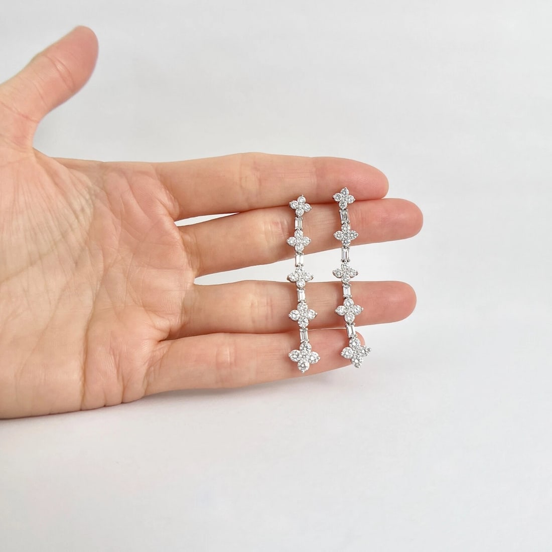 Cluster Baguette Diamond Linear Dangle Drop Earrings 18K White Gold, 3.75 CTW - 2