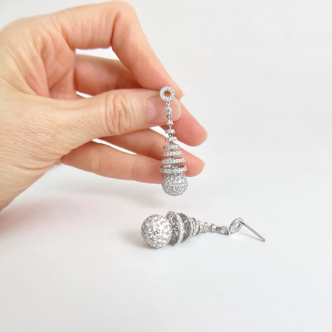 Pave Diamond Round Spiral Ball Dangle Drop Earrings 14K White Gold, 7.02 CTW - 2