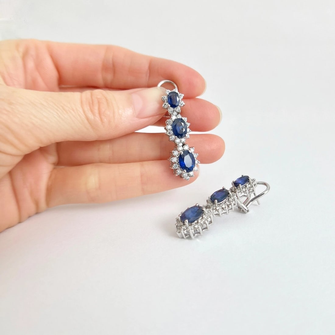 Oval Blue Sapphire Diamond Halo Dangle Drop Earrings 18K White Gold, 9.10 CTW - 2