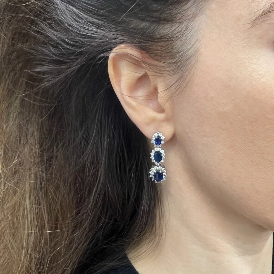 Oval Blue Sapphire Diamond Halo Dangle Drop Earrings 18K White Gold, 9.10 CTW - 3