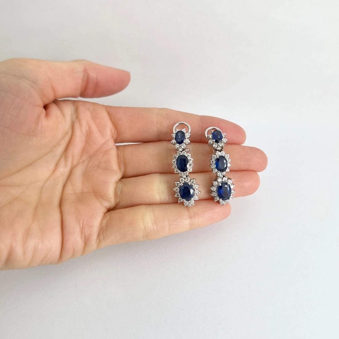 Oval Blue Sapphire Diamond Halo Dangle Drop Earrings 18K White Gold, 9.10 CTW - 4