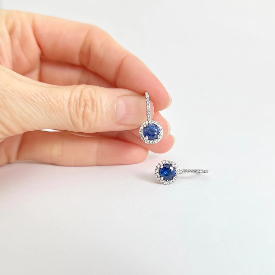 Round Blue Sapphire Diamond Halo Drop Earrings 18K White Gold, 2.05 CTW - 2
