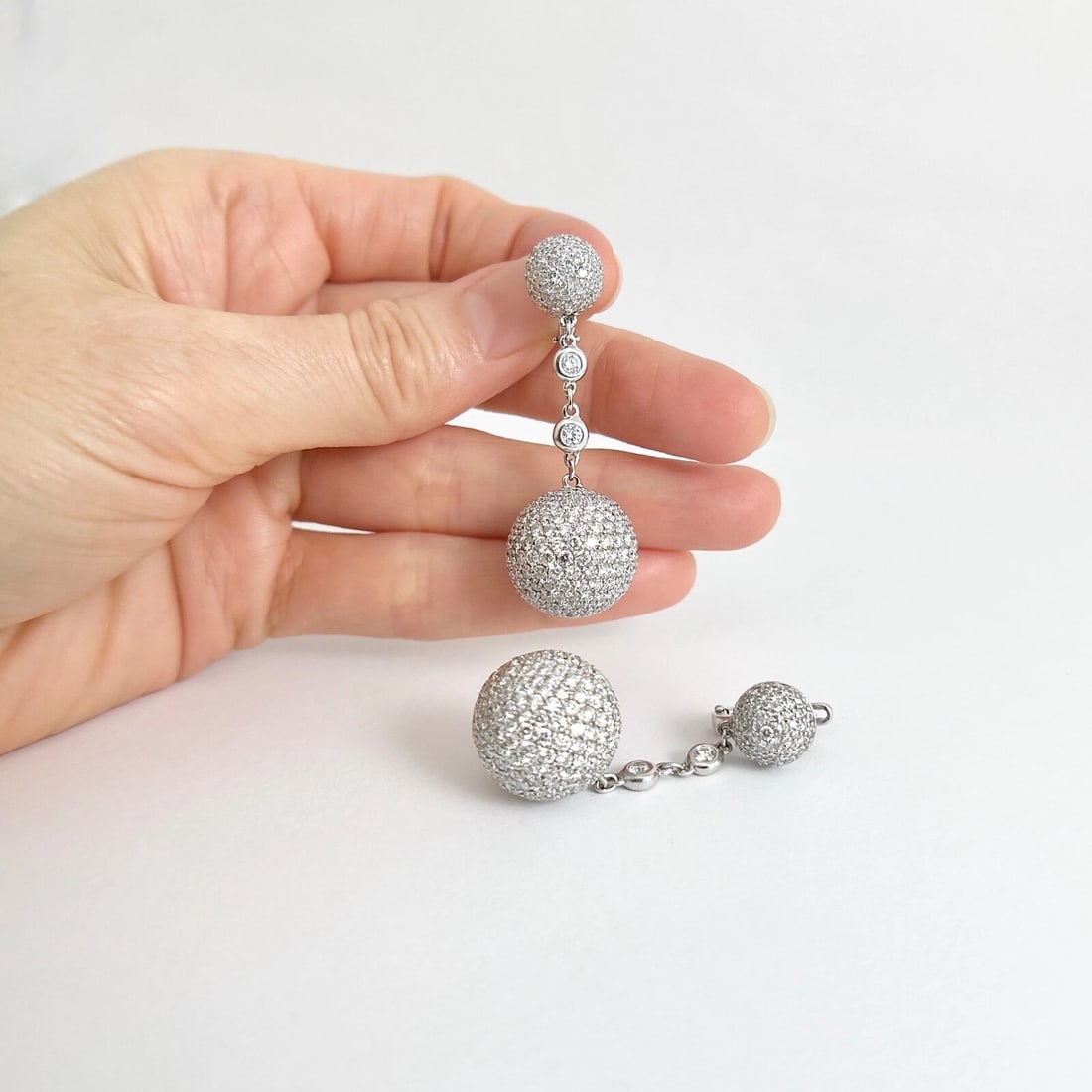 Pave Diamond Disco Ball Dangle Drop Earrings 18K White Gold, 12.45 CTW - 2
