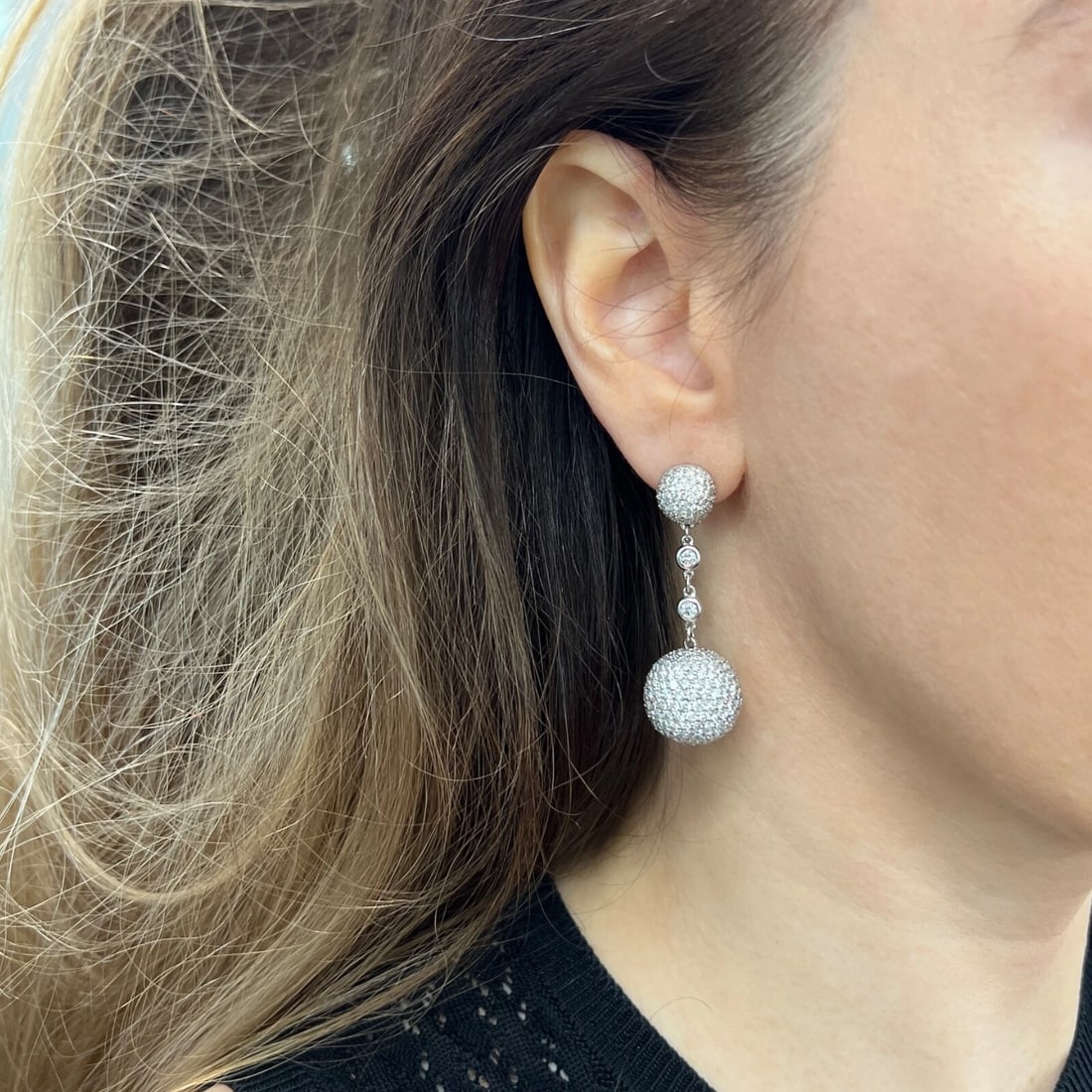 Pave Diamond Disco Ball Dangle Drop Earrings 18K White Gold, 12.45 CTW - 3
