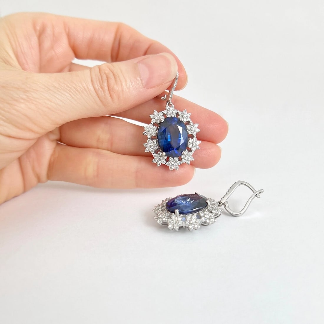 Oval Blue Sapphire Diamond Halo Dangle Drop Earrings 18K White Gold, 21.57 CTW - 2