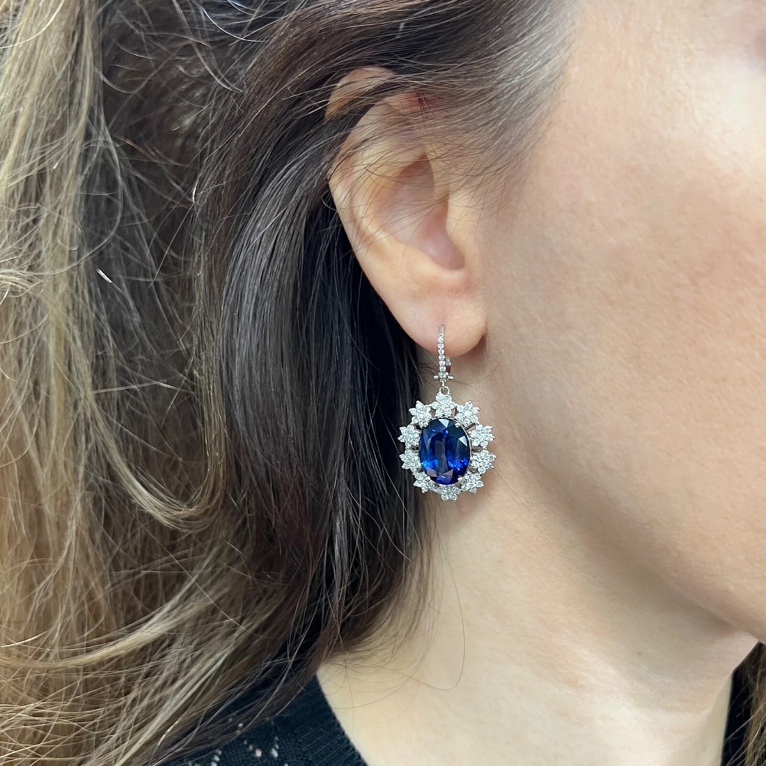 Oval Blue Sapphire Diamond Halo Dangle Drop Earrings 18K White Gold, 21.57 CTW - 3