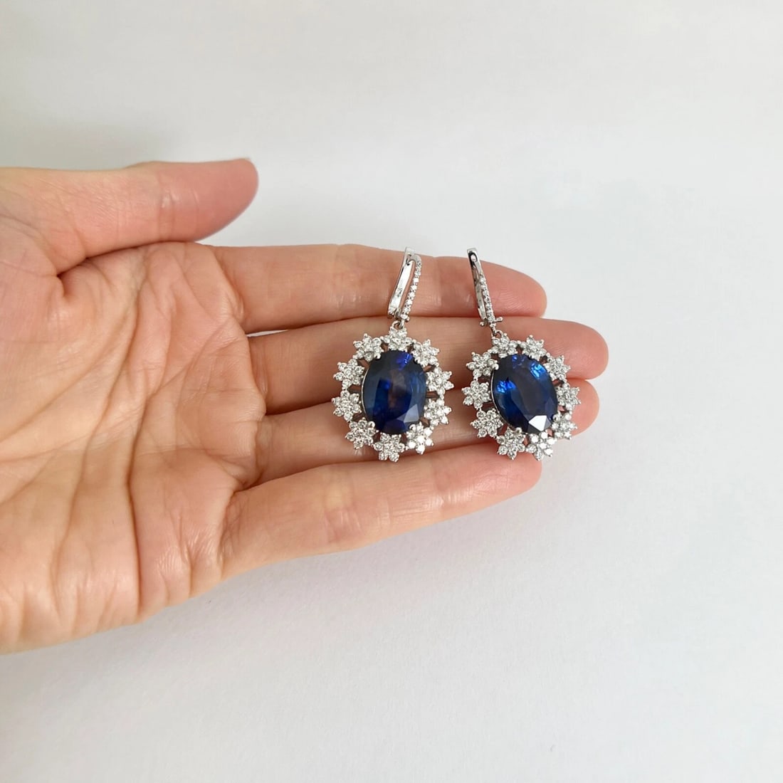 Oval Blue Sapphire Diamond Halo Dangle Drop Earrings 18K White Gold, 21.57 CTW - 4